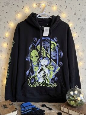 Coraline Women's Black Halloween Graphic Hoodie - Neon Green & Blue